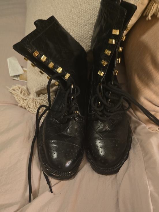 CHANEL Shoes - Chanel Black Combat Boots with Gold Square Studs